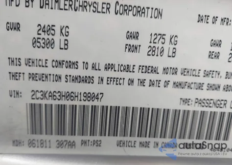 2006 Chrysler 300C z USA, uszkodzony, nr VIN 2C3KA63H06H198047